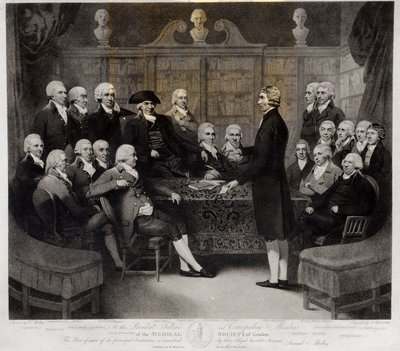 Group Portrait of the President, Fellows, and Corresponding Members of the Medical Society of London, engraved by Nathan Cooper Branwhite (1775-1857), published by R. Wilkinson, 1801 by Samuel Medley
